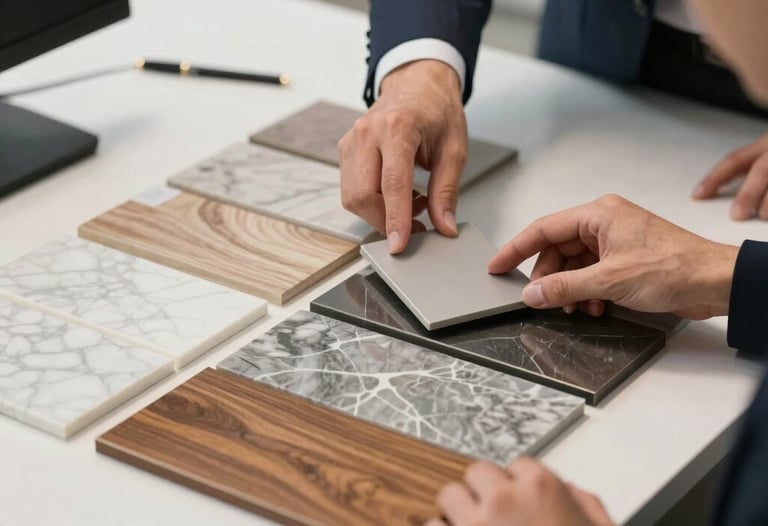 A professional business setting where two people are reviewing a material sample board featuring marble, wood, and metal finishes. Global Professional / International.