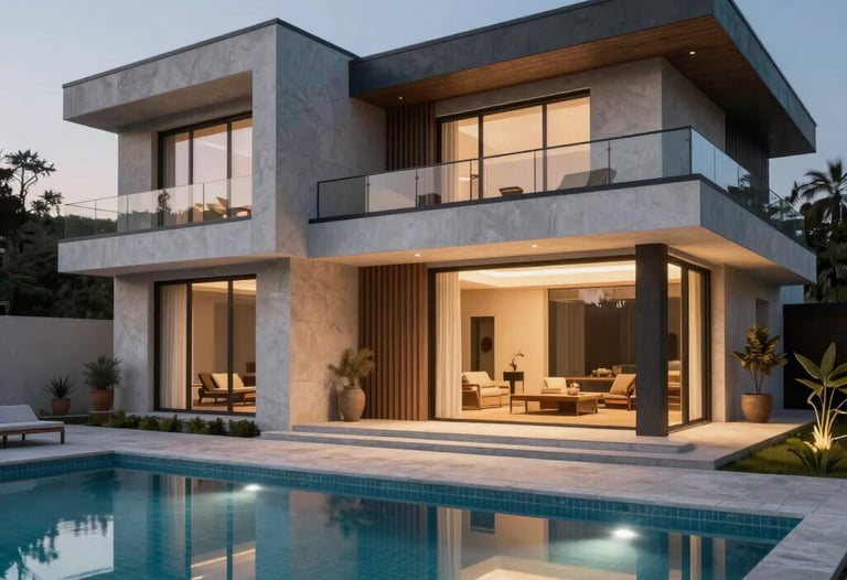 A photorealistic 3D render of a modern villa exterior with a pool, shot at twilight to highlight architectural lighting and texture. Global Professional / International.