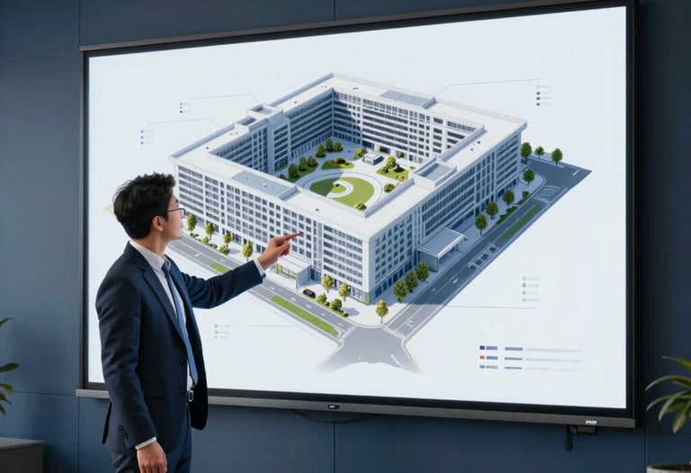 High-resolution photography of a professional consultant in business attire presenting a 3D architectural rendering on a large digital screen. The room is a high-end office with deep blue and charcoal accents, Global Professional / International.