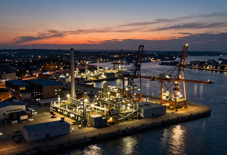 Sunset over a European industrial port, captured by a drone. The lights of the facility twinkle like stars against the deep dark blue sky.