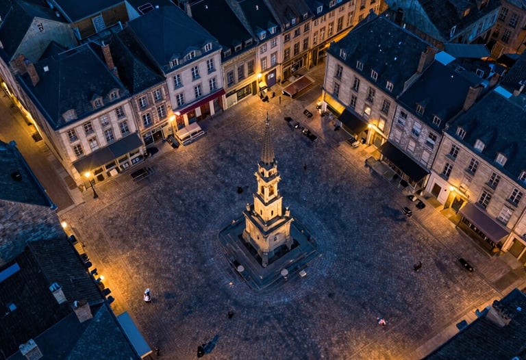 Drone view of a historic French town square at dusk. The warm street lights contrast with the deep dark blue of the cobblestones.