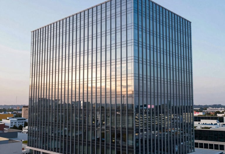 Wide shot of a modern glass office building reflecting the sky at dusk, shot from a professional drone. Steel blue and pearl white tones.