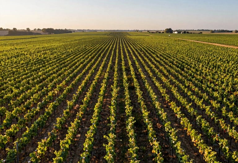 A wide vertical shot of a modern French vineyard at sunrise, captured from a drone. The lines of the vines create perfect geometric symmetry. Steel blue tones in the sky.