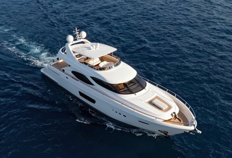 Aerial view of a sleek, modern yacht on the Mediterranean sea, shot from a drone. The water is a deep steel blue, the boat a bright pearl white.
