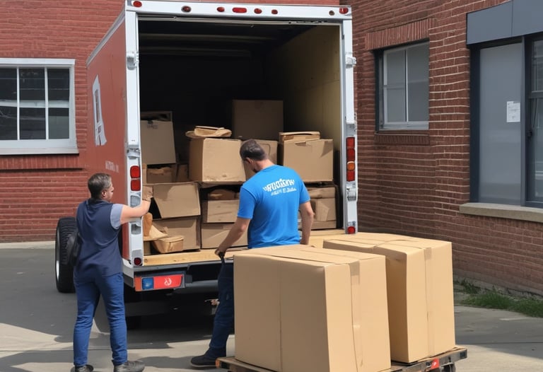 A delivery truck loaded and ready to depart from the K.K.L store warehouse on a sunny day.