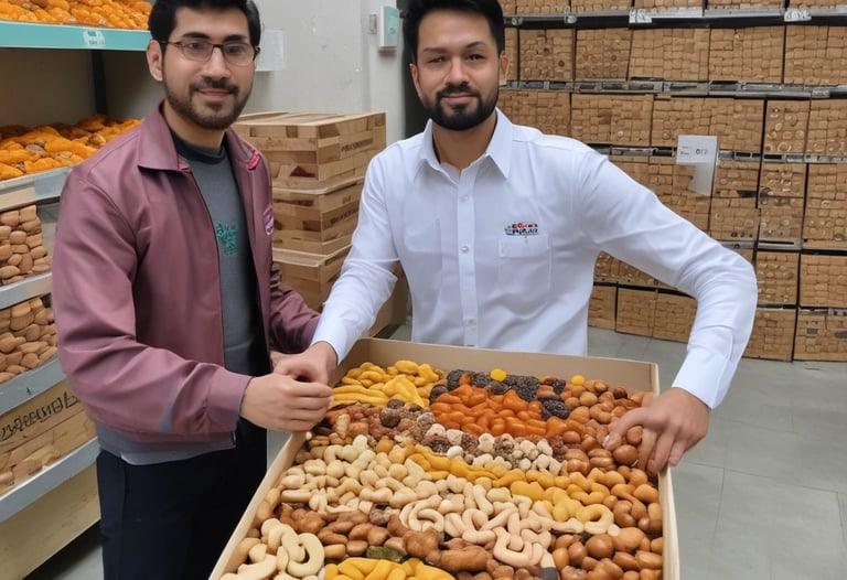 Smiling delivery person handing over a neatly packed box of dry fruits to a happy customer at their doorstep.