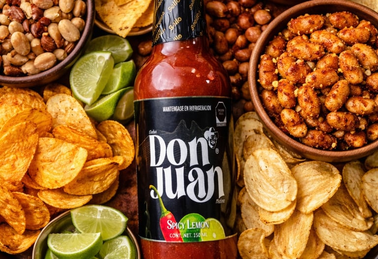 Don Juan Spicy Lemon hot sauce bottle surrounded by chips, guacamole, nuts, and lime wedges.