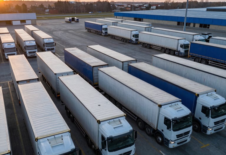 Aerial view of a logistics hub in Ukraine at sunrise. Large transport trucks are arranged neatly in a steel blue and soft gray environment. The lighting is clear and professional, emphasizing efficiency and scale.