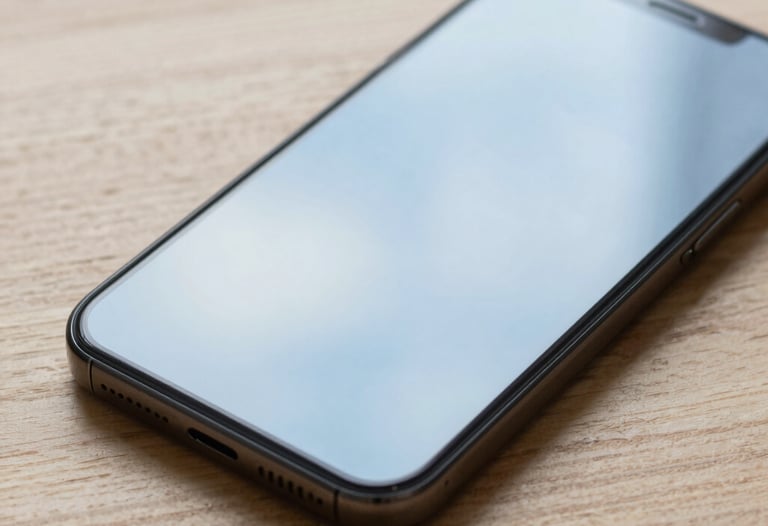 Close-up of a high-resolution smartphone screen resting on a light wood table. The reflections show a soft light blue sky. Professional photography style, emphasizing clarity and clean design.