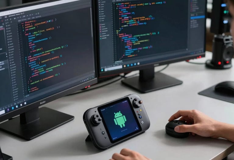 Studio shot of a professional software developer's workstation. Multiple screens showing lines of clean code in a dark mode IDE. The workspace is organized, featuring a high-end Android test device on a light gray desk.