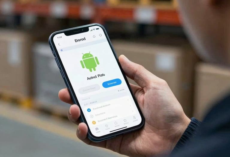 Action shot of an Android smartphone being used in a logistics setting. A professional in modern work attire holds the device, showing a clean dashboard interface. The background is a blurred warehouse with muted blue lighting.