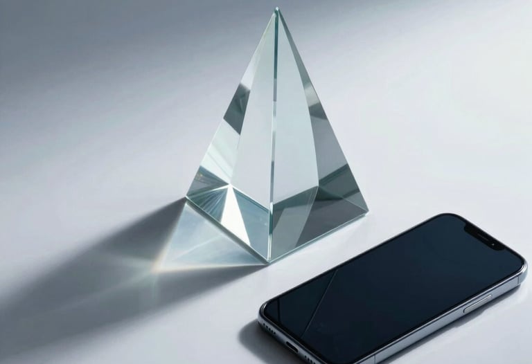 Minimalist composition of a glass prism and a modern smartphone on a white surface. Soft shadows and reflections in light blue and pale blue tones. Symbolic of precision and innovation in mobile technology.