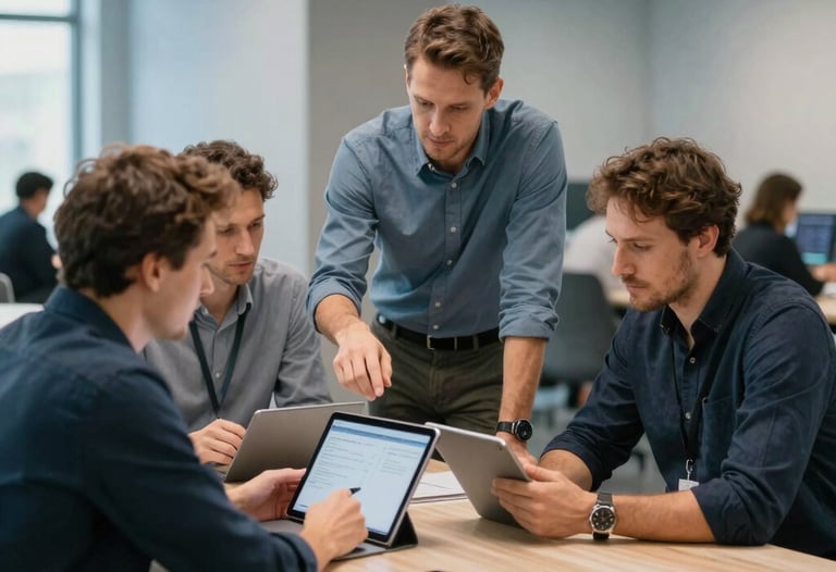 Professional Eastern European software engineers in a collaborative meeting. They are discussing a project around a tablet. The setting is a clean, modern coworking space with light blue and slate gray decor.