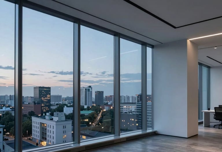 Architectural view of a sleek, minimalist tech office in Kyiv during dusk. Large windows show a city skyline with muted blue and pale blue lights. The interior is professional and forward-thinking, with slate gray and light blue accents.