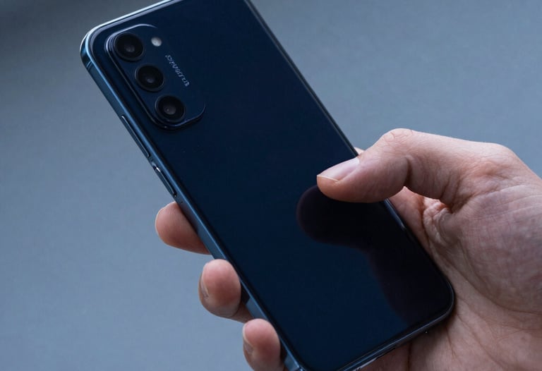 Close-up photography of a professional hand interacting with a modern Android smartphone. The lighting is crisp and cool-toned, reflecting a deep navy blue and muted blue environment in an Eastern European tech hub. Focused on the fluid movement of the interaction.