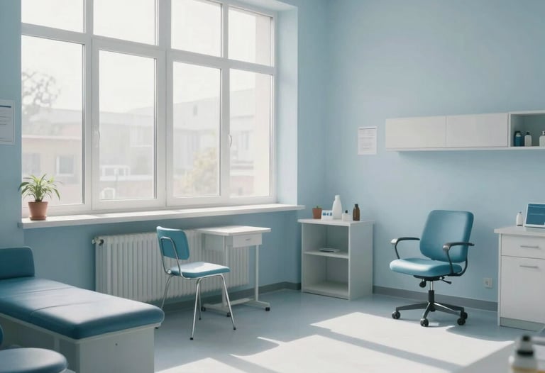 Bright, airy medical consultation room in Eastern Europe. Large windows let in soft morning light. The furniture is minimalist and modern, featuring muted blue and white tones. The atmosphere is calm and professional.
