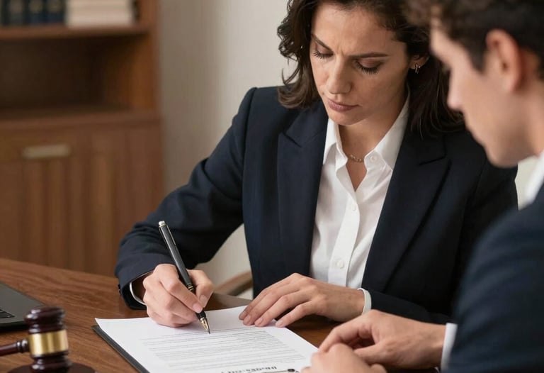 Close-up of hands signing a property contract in a sophisticated legal environment.