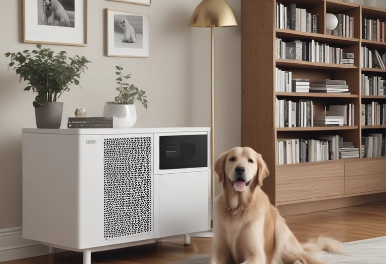 Golden Retriever sitting by a white air purifier in a modern living room with a wooden bookshelf.