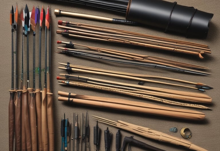 A modern compound bow with colorful arrows neatly arranged beside it on a camouflage cloth.
