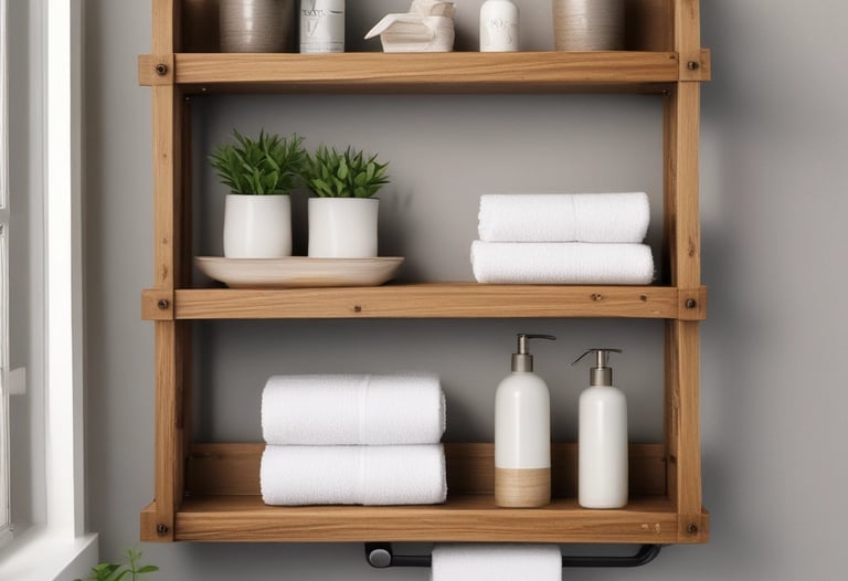 A set of simple wooden shelves mounted on a white wall, holding small plants and books
