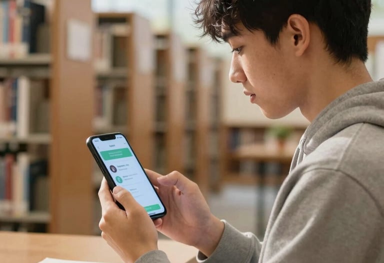 A lifestyle photo of a student in a sunny North American library using a custom Android educational app on their phone. Bright, inspiring atmosphere.