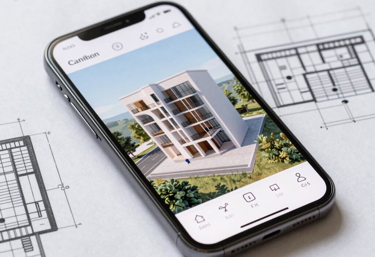A high-angle shot of a smartphone lying on a blueprint. The screen displays a 3D architecture app. Clean, technical, and professional aesthetic.
