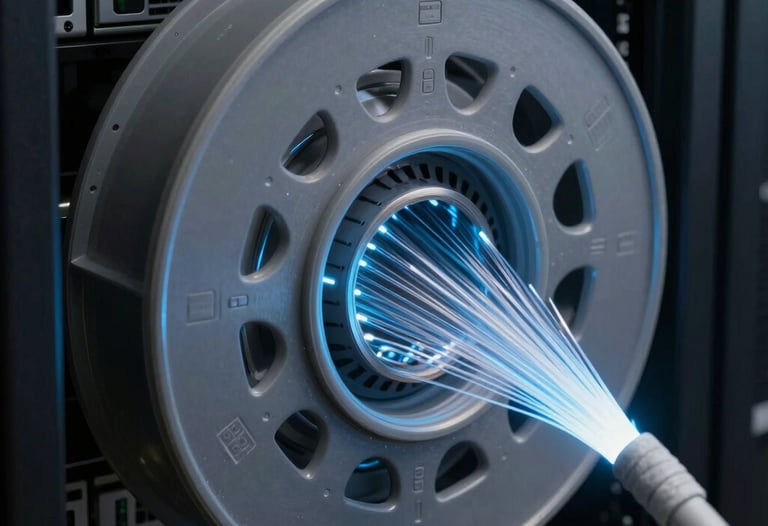 Close-up of a high-speed fiber optic cable glowing in a dark data center, representing connectivity and performance. Payne's Grey and Silver Lake Blue lighting.
