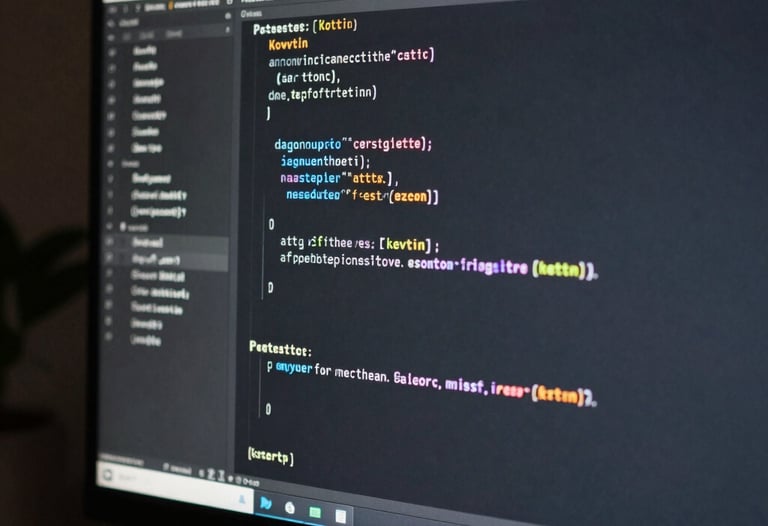 A close-up shot of code on a vertical monitor in a dark room. Lines of Kotlin are sharp and illuminated in soft Payne's Grey and Platinum. Modern North American dev setup.