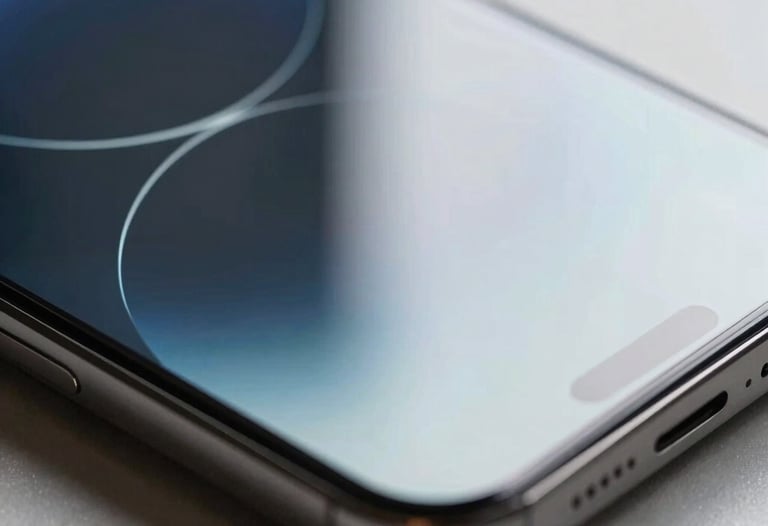 Abstract close-up of light reflecting off a glass smartphone screen. The soft glow suggests modern technology and innovation. Platinum and Silver Lake Blue palette.