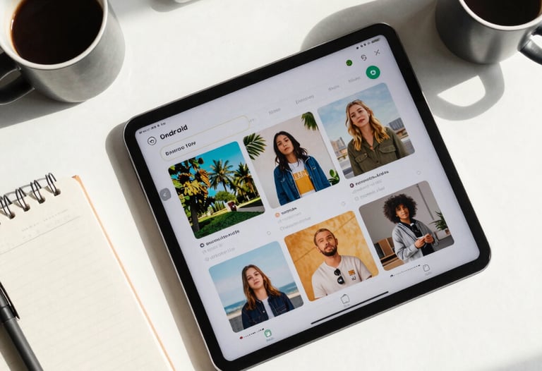 An overhead flat-lay shot of an Android tablet, a coffee cup, and a notebook on a clean white desk. The tablet shows a vibrant lifestyle app. Natural North American morning light.