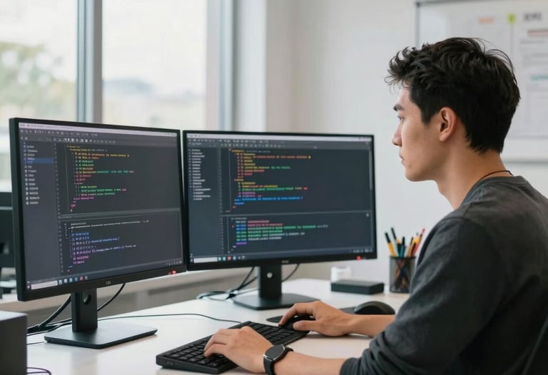 A professional developer in a bright Seattle studio, coding on multiple monitors showing Android Studio. Clean composition, soft daylight, reflecting efficient craftsmanship.