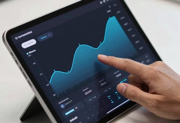 A close-up photograph of a hand interacting with a sleek Android tablet displaying a minimalist financial dashboard. Platinum and Silver Lake Blue UI elements on a dark screen. Sharp focus, professional North American office setting.