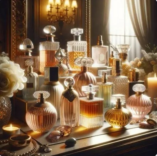 A collection of luxury crystal perfume bottles on a vanity with elegant warm lighting.