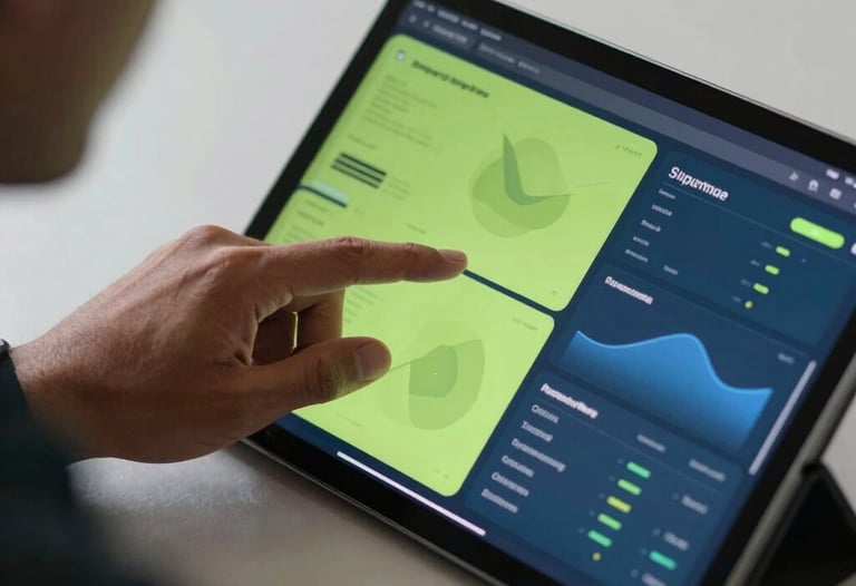 A close-up of a professional South American person interacting with a high-resolution tablet screen displaying abstract data visualizations in lime green and steel blue. Soft studio lighting, modern tech-focused atmosphere.