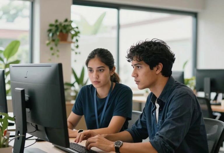 Two colleagues in a bright South American co-working space looking at a large monitor together. The office is decorated with plants and sleek furniture. Daylight, professional interaction, focus on collaboration.