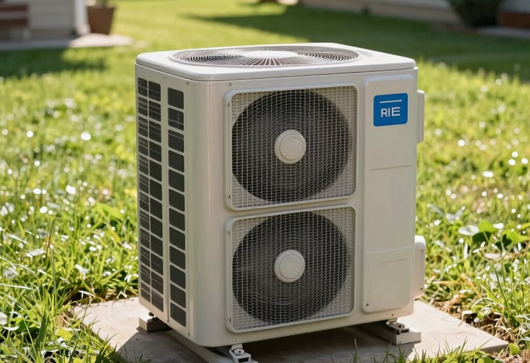 An outdoor central air conditioning unit cleanly mounted on a concrete pad next to a suburban home with lush green lawn, shining in bright sunlight.