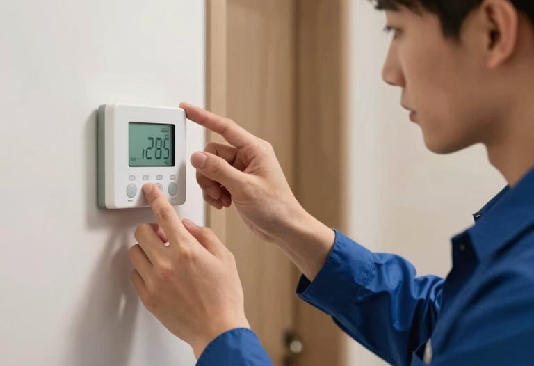 A close-up of a neat technician in a blue uniform calibrating a digital wireless home thermostat in a modern residential hallway.