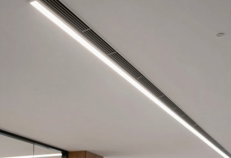 A crisp interior photograph of a modern commercial office lobby with high ceilings, showing a sleek linear diffuser air vent blowing fresh cooling air, professional architectural style.