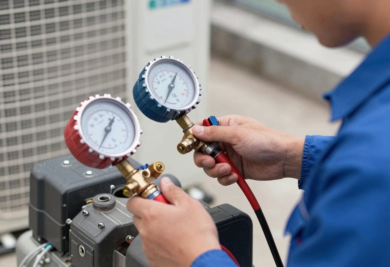 Close-up of a professional technician in a clean blue uniform checking pressures on an outdoor AC compressor using a high-precision digital manifold gauge.