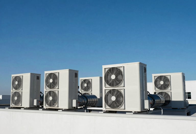 Wide angle view of a pristine office building with industrial rooftop HVAC systems installed against a deep clear blue sky, modern professional climate control.