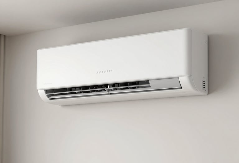 A sleek, clean white mini-split ductless air conditioner mounted high on a minimalist wall in a modern North American living room, delivering quiet cooling.