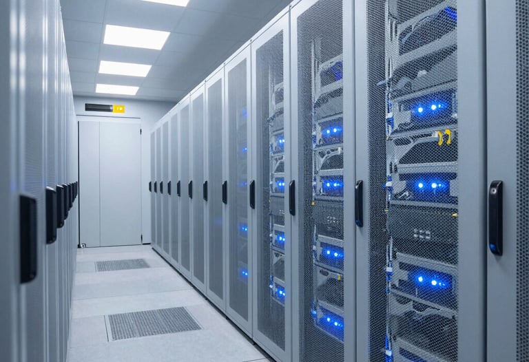 A clean, modern server room corridor in a United States tech facility with cold aisle containment, glowing light-blue indicators, conveying a perfectly cooled, crisp climate.