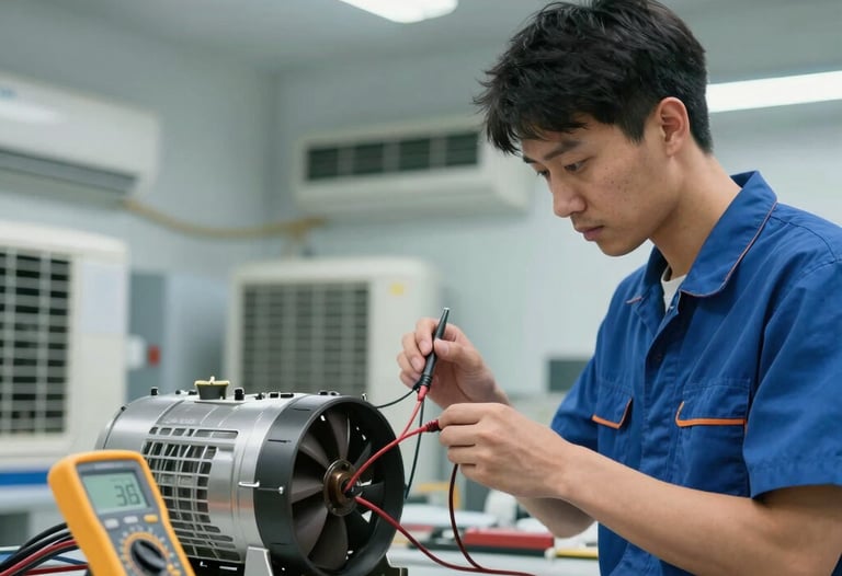 A professional air conditioning service technician in a clean workshop using specialized diagnostic multimeters to test an electric blower motor, cool bright fluorescent lighting.