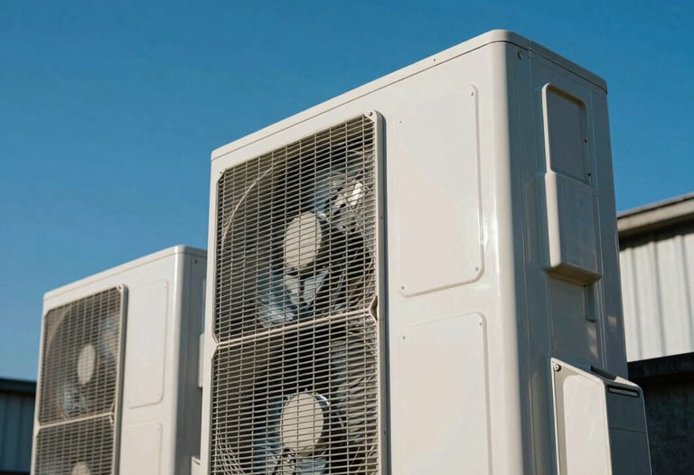 An outdoor commercial air conditioner unit with high-velocity exhaust fans spinning rapidly on a clear deep blue sky day, symbolizing powerful modern ventilation.