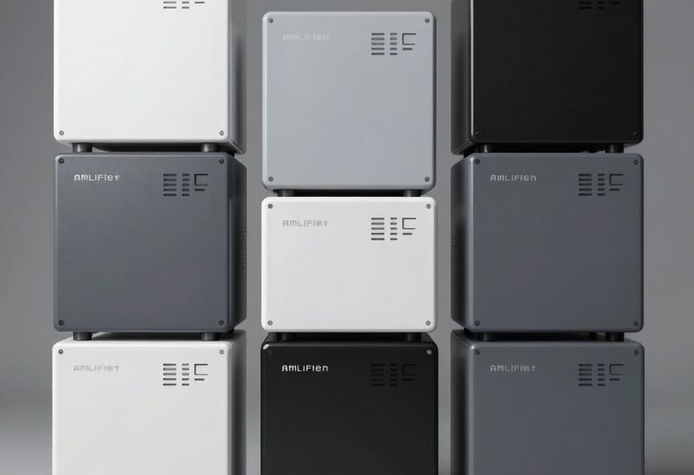 A clean, organized shelf with various electronic products in a bright room