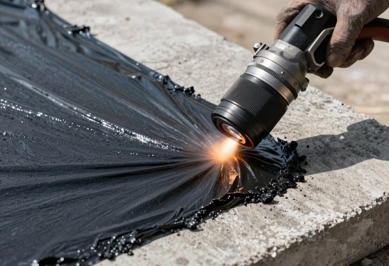 Close-up of technical waterproofing application on a concrete slab, showing dark asphaltic membrane being heat-torched precisely