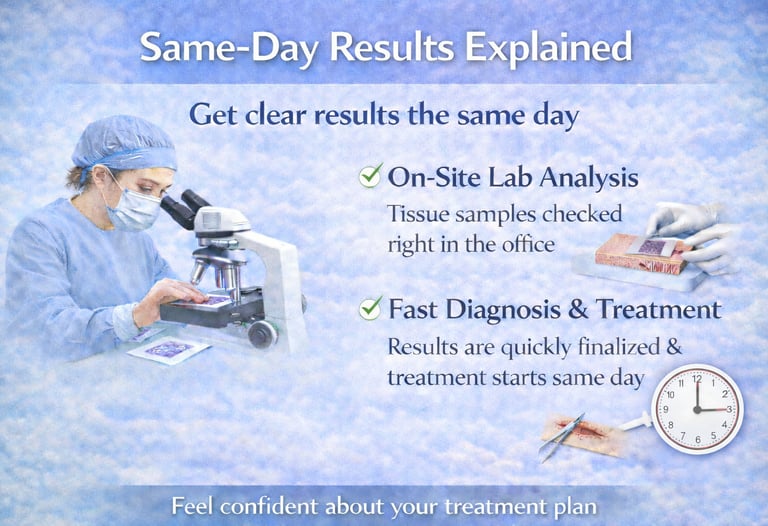 Illustration explaining same-day results with Mohs surgery, showing on-site lab analysis