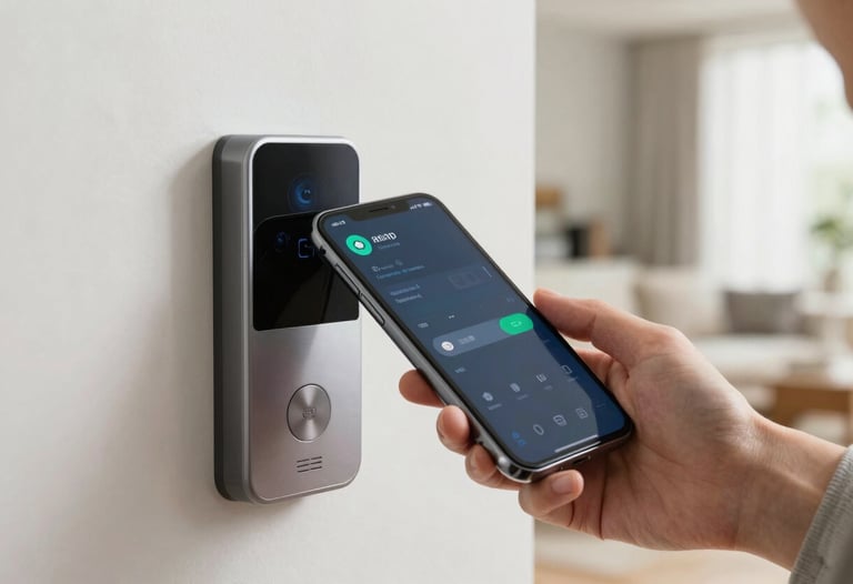A person using a smartphone to unlock a smart home device. The setting is a bright, North American modern home. The lighting is clean and professional, focusing on user-centric innovation.