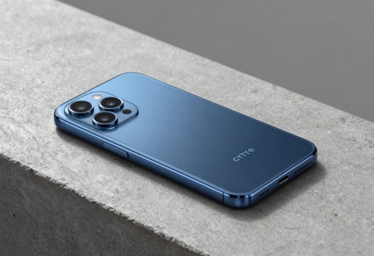 A sleek, modern Android smartphone resting on a minimalist concrete surface. Bright blue light reflects off the edges. The setting is a professional studio with North American style.