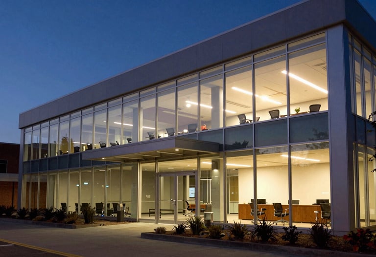 A wide shot of a North American tech hub office at dusk. The warm interior lighting contrasts with the deep navy evening light outside. The scene is efficient, professional, and sophisticated.